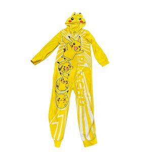 Pokémon hooded zip pajamas 1 piece union suit yellow fleece sz large 12/14 kids